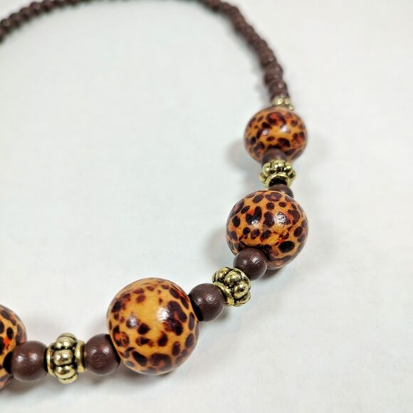 Boho Leopard Print Beaded Necklace Gold Tone Faux Wood Tribal Statement 19" - Picture 7 of 10